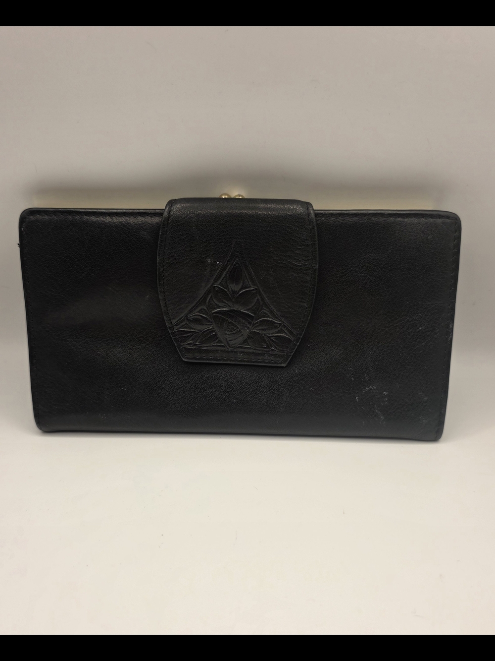 Vintage Rolfs Women's Rose Embossed Black Leather Checkbook & Card Wallet